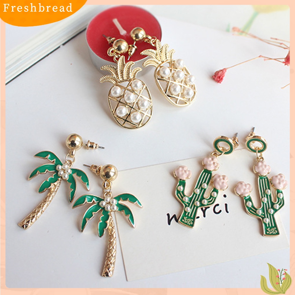 &lt; Freshbread &gt; Kartun Nanas Pohon Kelapa Kaktus Liontin Anting Wanita Ear Studs Jewelry