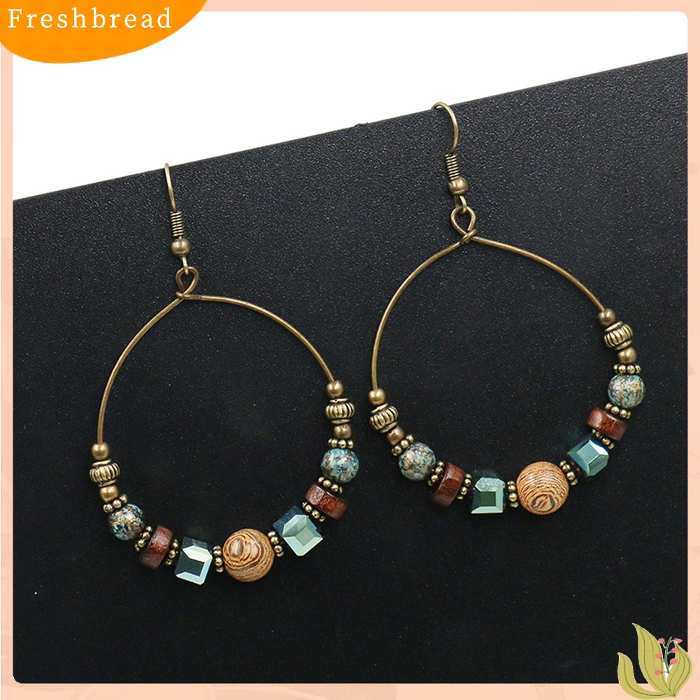 &lt; Freshbread &gt; Bohemian Lingkaran Besar Manik-Manik Kayu Kait Anting Wanita Etnik Faux Turquoise Jewelry