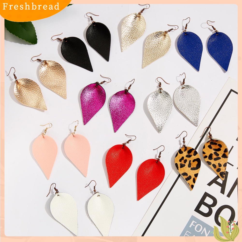 &lt; Freshbread &gt; Punk Wanita Leopard Kulit Imitasi Teardrop Daun Menjuntai Kait Anting Perhiasan Hadiah