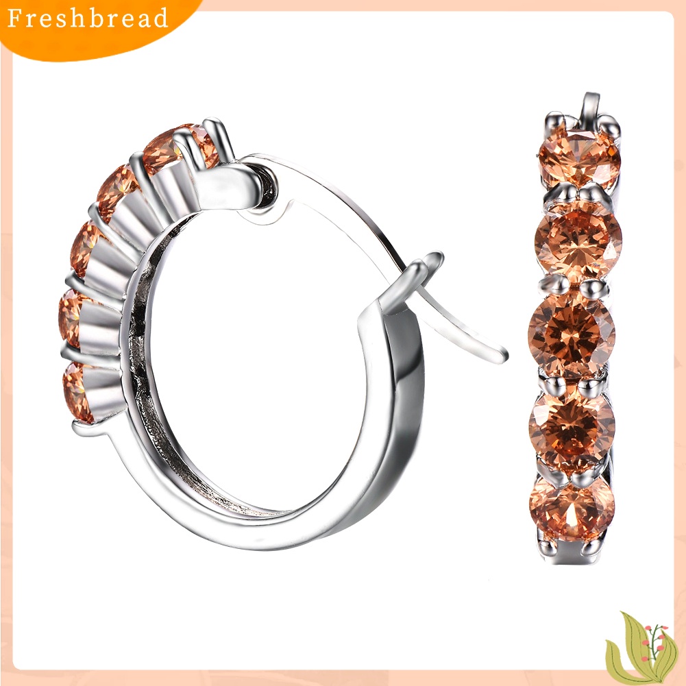 &lt; Freshbread &gt; Wanita Potongan Bulat Cubic Zirconia Hias Perak Disepuh Huggie Earrings Perhiasan Hadiah