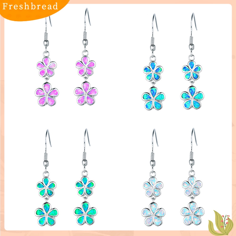 &lt; Freshbread &gt; Fashion Wanita Faux Opal Hias Bunga Panjang Menjuntai Ear Hook Earrings Jewelry