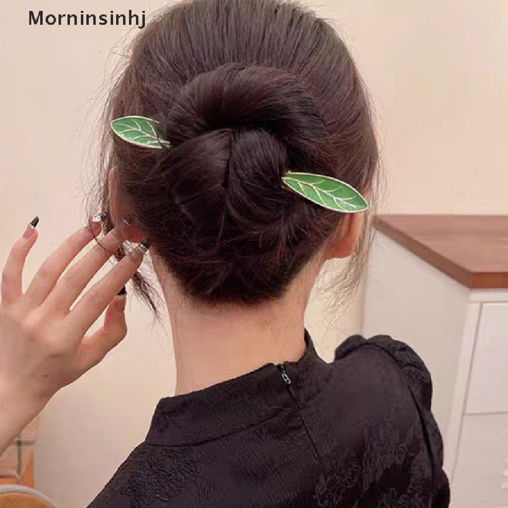 Mornin Jepit Rambut Retro Daun Enamel Hijau Gaya Kuno Minimalis Untuk Wanita id