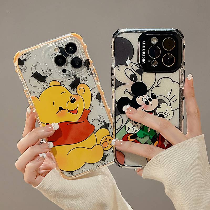 IPHONE Lovely!Mickey Winnie Bear Flash Powder Polos Soft Case HP iP Iphone12 13 14 Pro Max 11 FTD Casing Apple