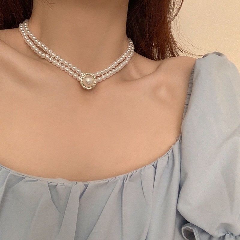 Kalung Mutiara Berlian Vintage Korea Temperamen Fashion Kalung Mutiara Lapisan Ganda Pendek Hadiah Rantai Klavikula Wanita Korea