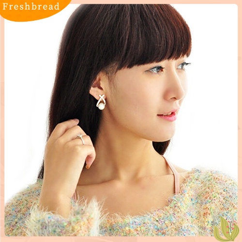 {In Stock} Women's Faux Pearl Ear Studs Earrings Cross Berlian Imitasi Hadiah Perhiasan Pernikahan