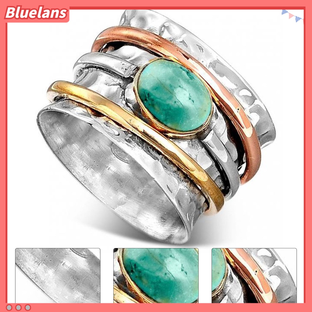 {In Stock} Cincin Pria Bohemian Vintage Hias Turquoises Tiga Warna Finger Ring Untuk Pacaran