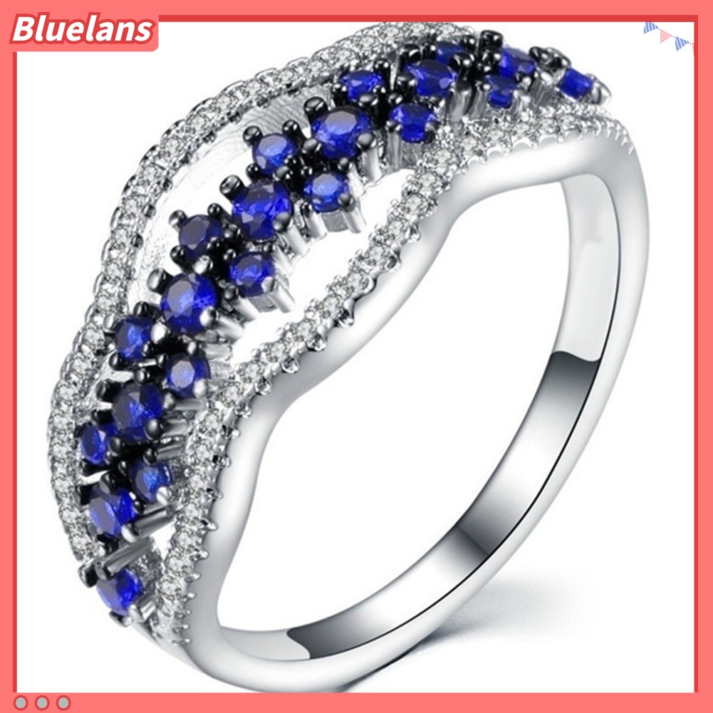 {In Stock} Wanita Safir Imitasi Bertatahkan Berongga Band Jari Cincin Pernikahan Lamaran Perhiasan Hadiah