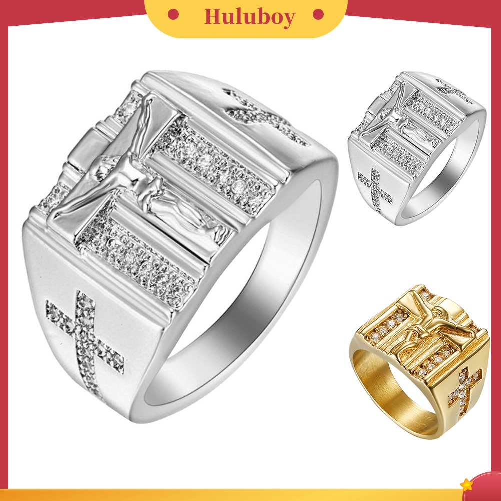 {Ready Stock} Chic Salib Yesus Ukir Cubic Zirconia Bertatahkan Cincin Unisex Perhiasan Pernikahan Hadiah