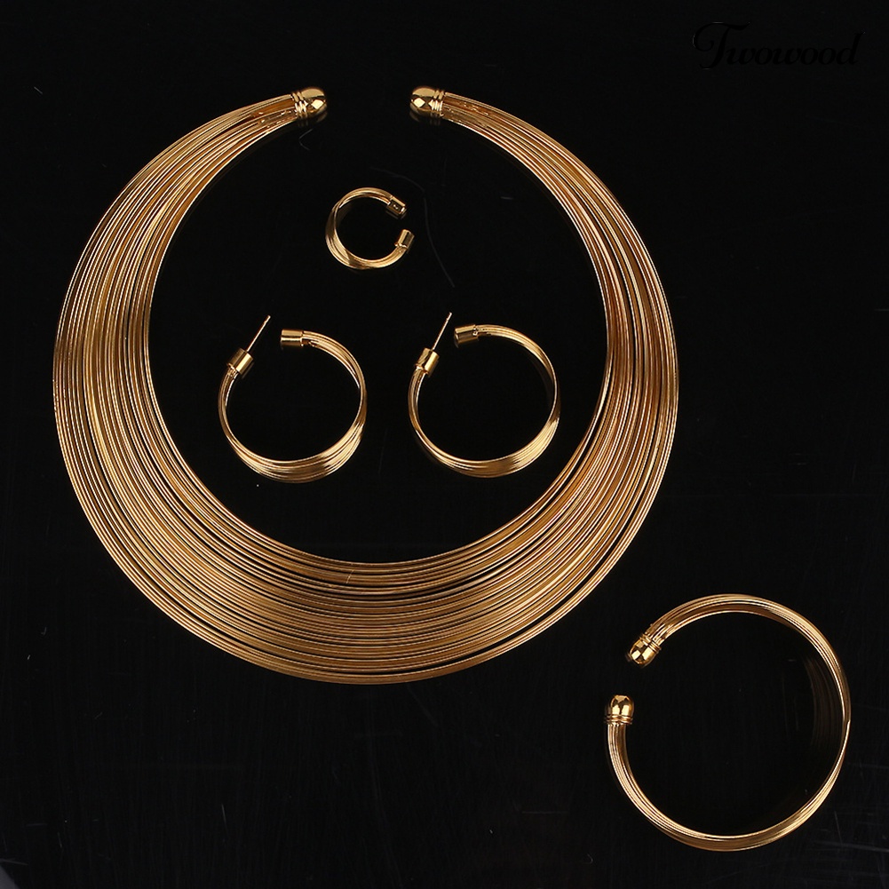 Twowood 4Pcs/Set Exotic Nigeria Bridal Lingkaran Kalung Anting Gelang Cincin Perhiasan