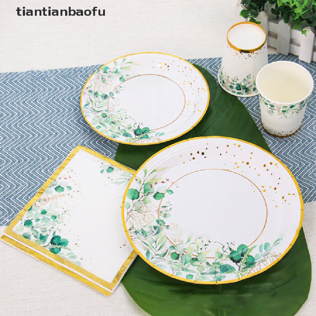 [tiantianbaofu] 10/24pcs Bronzing Green Leaves Piring Kertas Gelas Serbet Peralatan Makan Sekali Pakai Butik