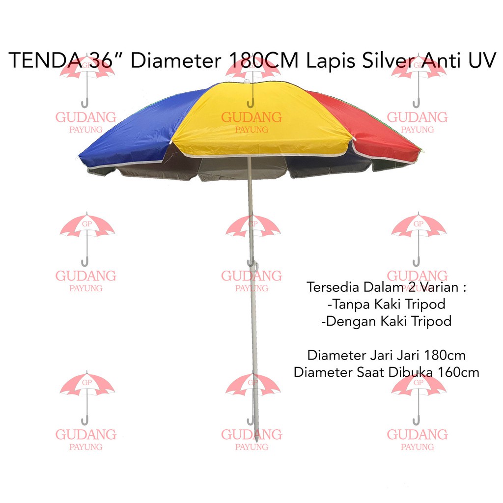 Payung Tenda Pantai Jualan 36 inch Diameter 180 cm ANTI UV DALAM LAPIS SILVER