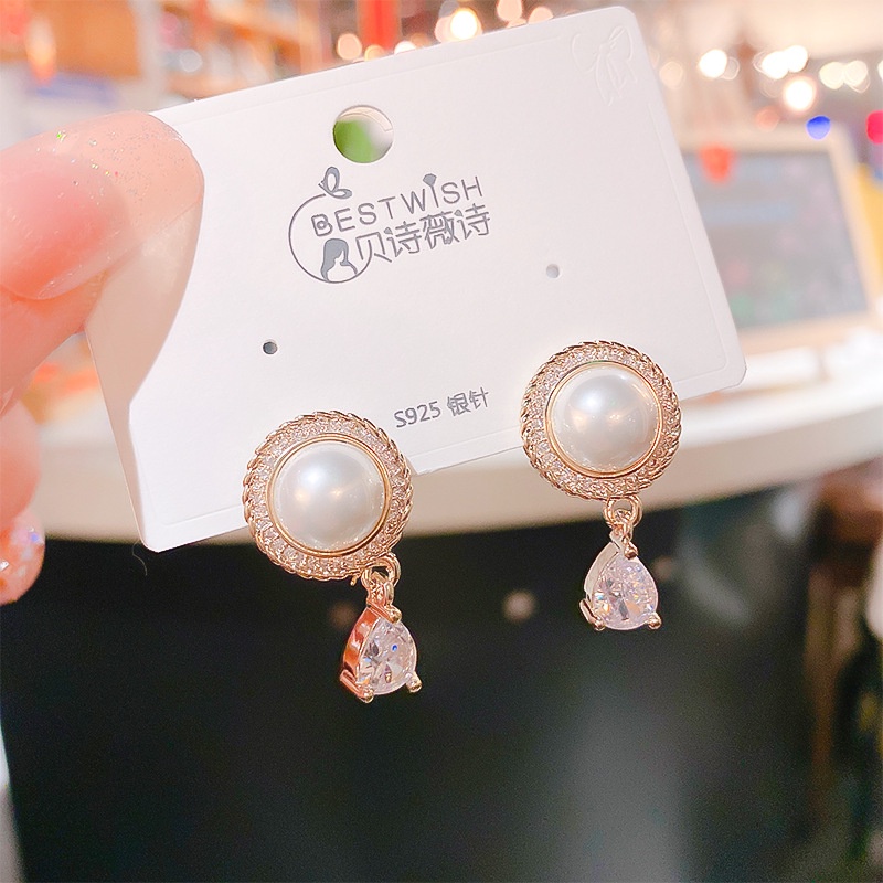 Fashion Mutiara Berlian Imitasi Anting Wanita Berlapis Perak Pin Stud Earrings