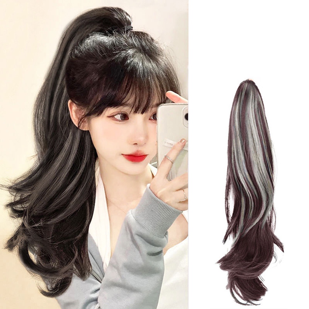 Keriting Alami Highlight Ponytail Wig Wanita Perempuan Ambil Gaya Panjang Berbulu Ekstensi Rambut