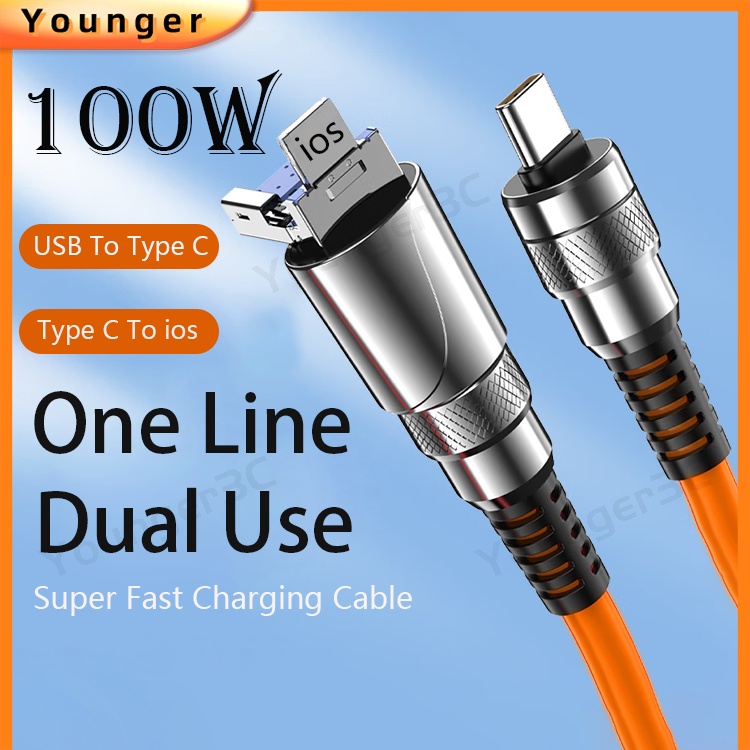 100w Adaptor Ganda Tipe C PD Flash Charging Cable 2In1 Kabel Data Penggunaan Ganda Kecepatan Tinggi 6A Jalur Pengisian Super Cepat Untuk ios Tipe C