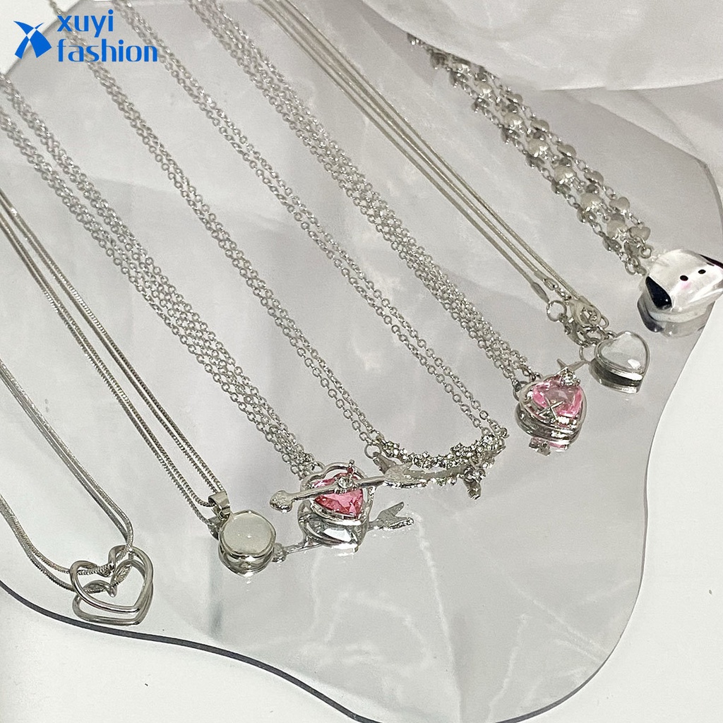 Kalung Liontin Moonstone Zircon Simple Heart Bow Cross Crystal Rantai Silver Choker Untuk Aksesoris Perhiasan Wanita