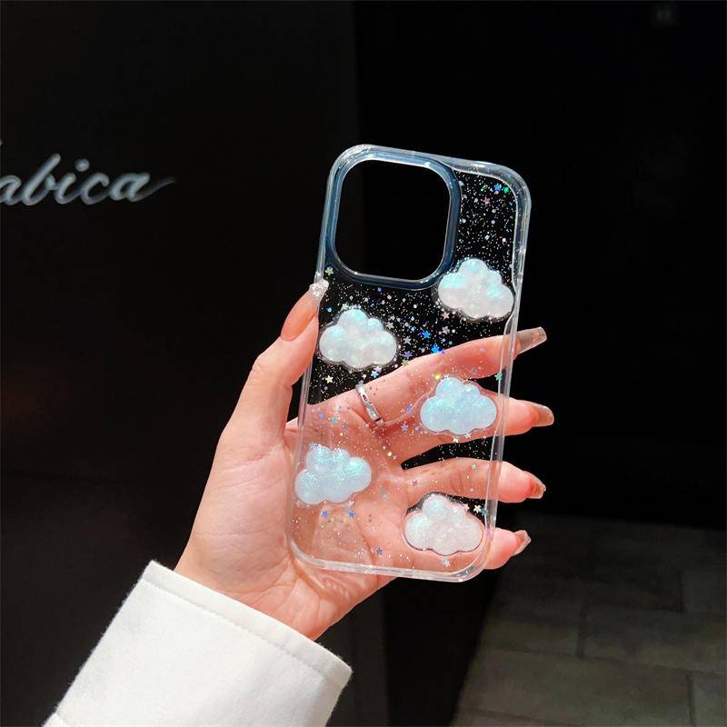 Casing Epoxy Awan Bintang Glitter 3D Lucu Untuk iPhone 14 13 12 11 Pro MAX Plus Mini Bening Silikon Soft Cover Untuk iPhone X XS MAX XR 7 8 Plus SE 2022 2020 14Plus 13Mini 12Mini