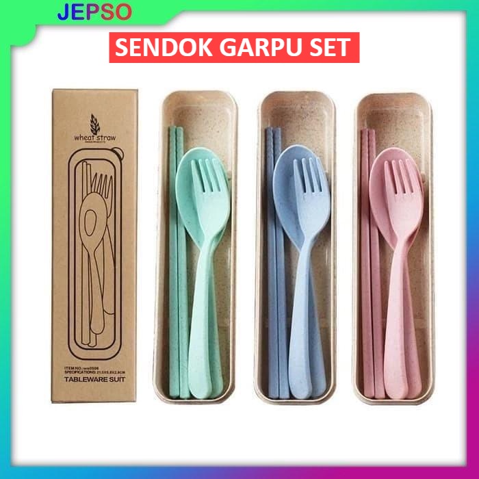 ALAT MAKAN SENDOK SUMPIT GARPU SET BOX Wheat Straw Alat Makan Sendok Set Garpu Ramah JEPSO MAKASSAR