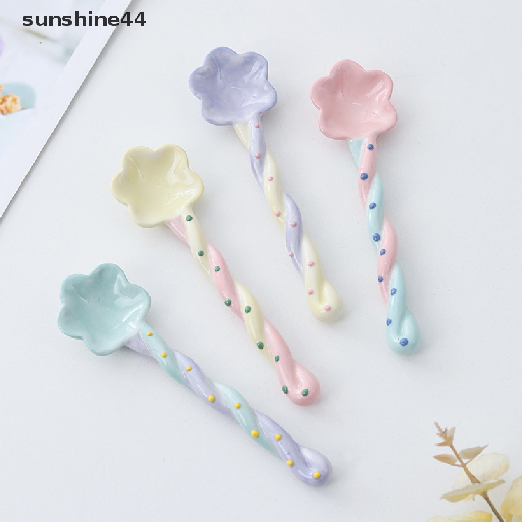 Sunshine 1Pc Sendok Gagang Panjang Keramik Es Krim Lucu Hand Painted Dessert Spoon ID