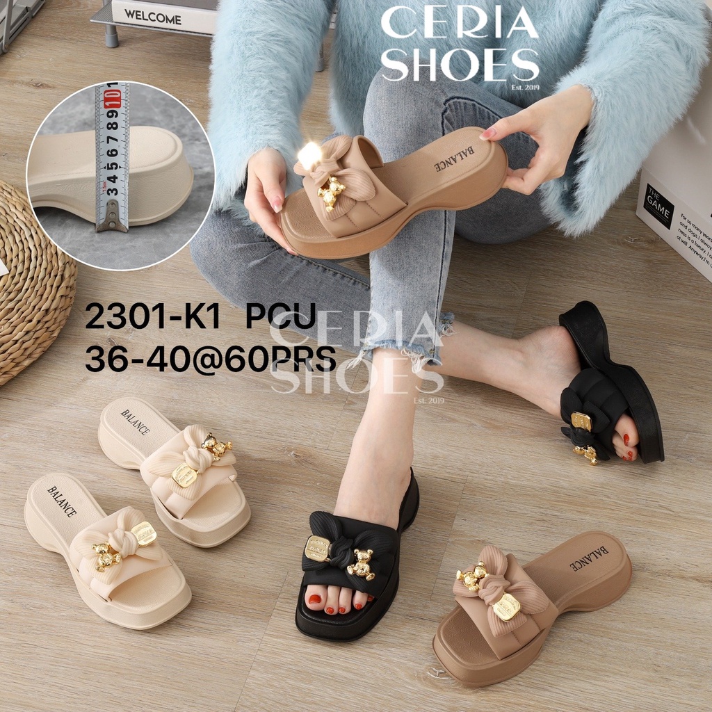 Sandal Slop Wedges Wanita Import Motif Golden Pin Bear Hak Tinggi Bahan Karet Jelly Anti Slip BLC