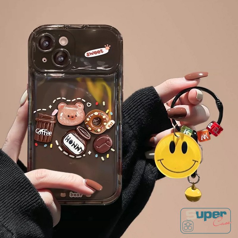 Mainan 3D Beruang Kopi Donat Stiker Kreatif Flip Make Up Mirror Case Kompatibel Untuk iPhone XR 78 14 Plus 11 13 12 14 Pro MAX XS MAX X SE Kartun Lucu Shockproof Soft Cover