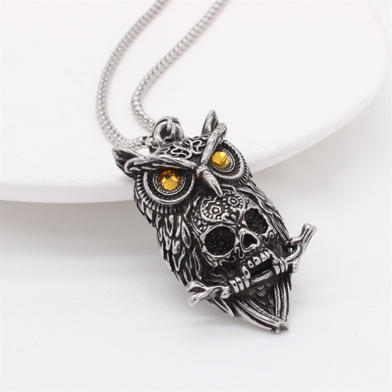 [X C Kalung] Perak Retro Burung Hantu Tengkorak Baja Titanium Liontin Kalung Desain Kecil Punk Hip Hop Aksesoris Fashion Pria Dan Wanita