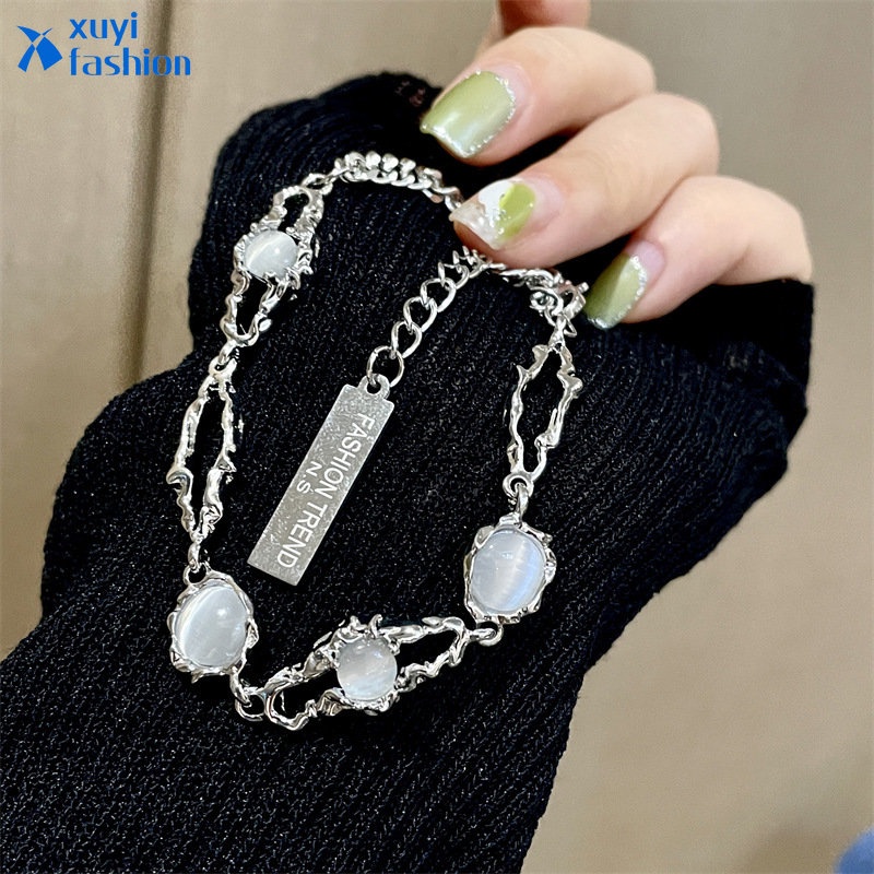 Gelang Rantai Splice MoonStone Elegan Untuk Aksesoris Perhiasan Gelang Perak Wanita