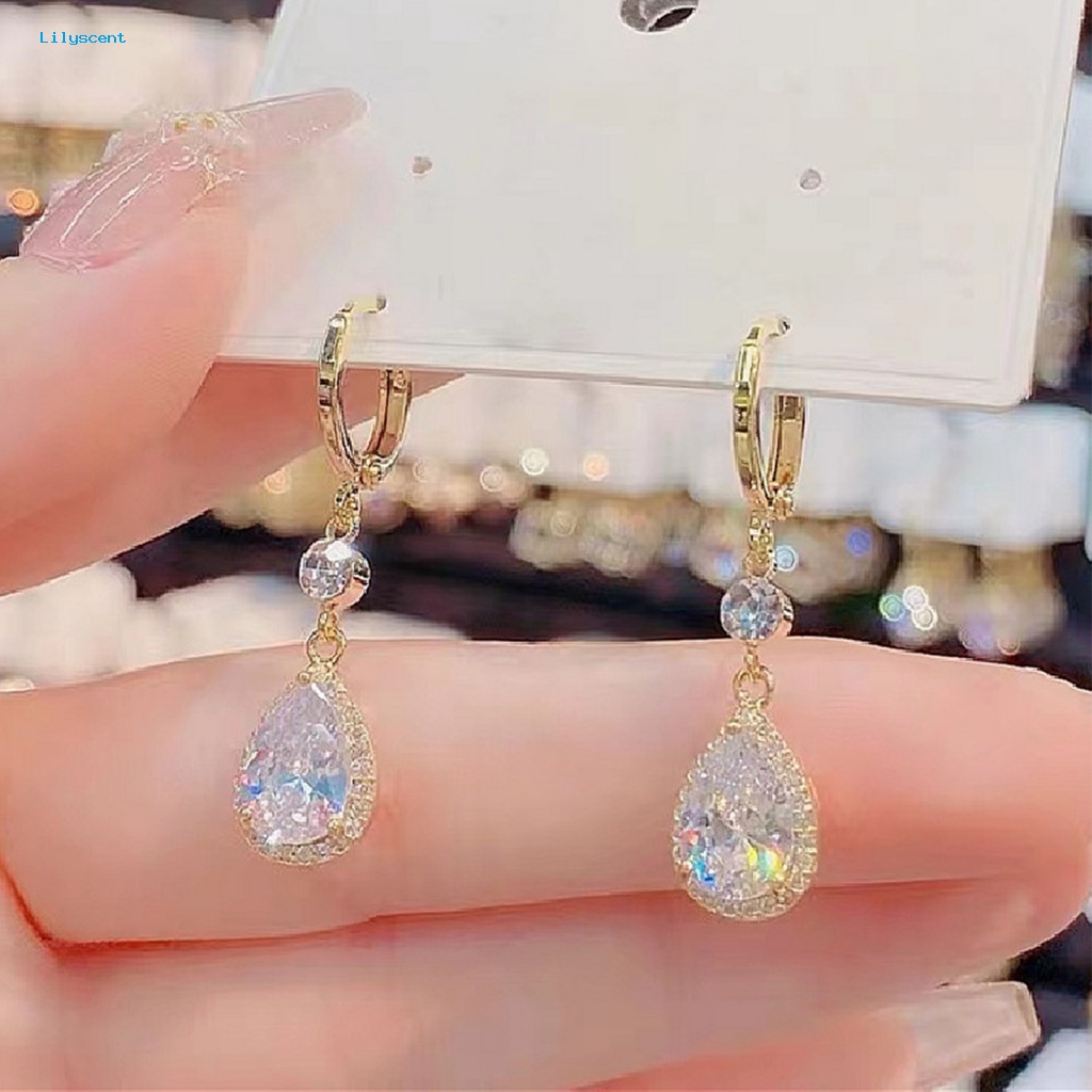 Lilyscent 1pasang Anting Wanita Mewah Fashion Perhiasan Bling Berlian Imitasi Menjuntai Anting Elegan