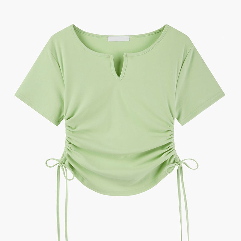 Red "V-neck/round neck" warna solid lengan pendek t-shirt musim panas wanita slim fit dan desain slim serut hot girl atasan trendi