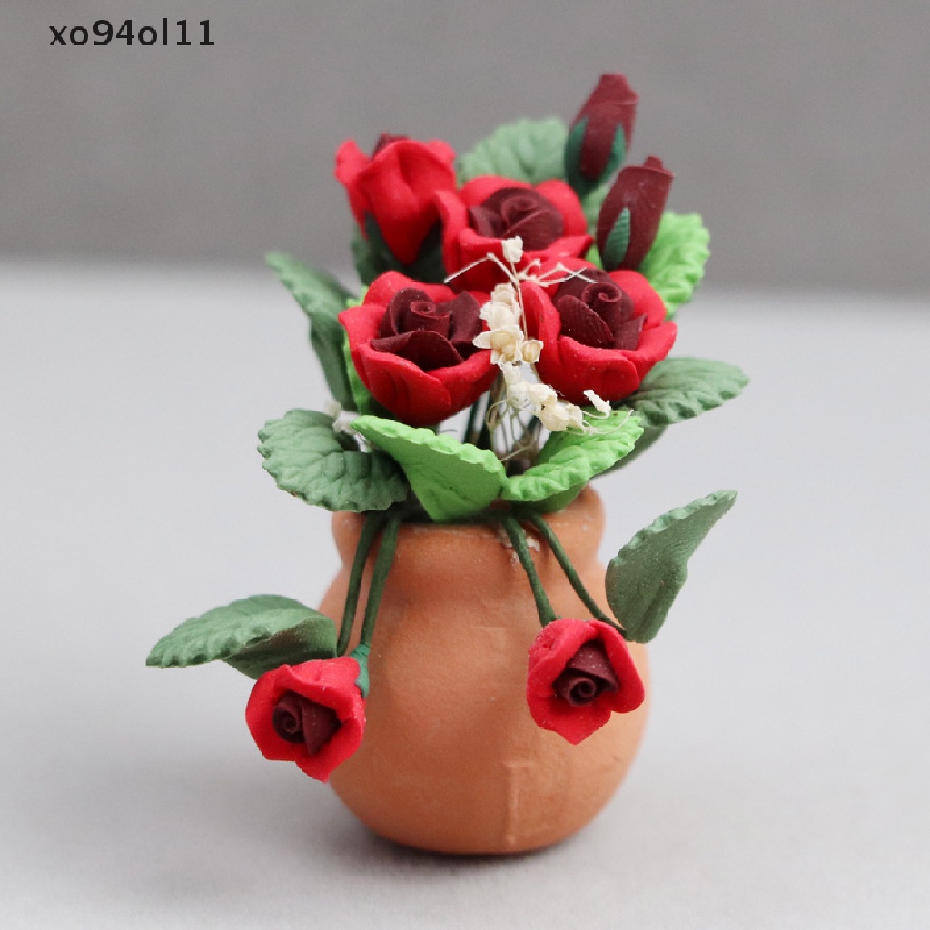 Xo 1: 12rumah Boneka Miniatur Mawar Bunga Flowers Pot Model Taman Dekorasi Mainan Aksesoris Rumah Boneka OL