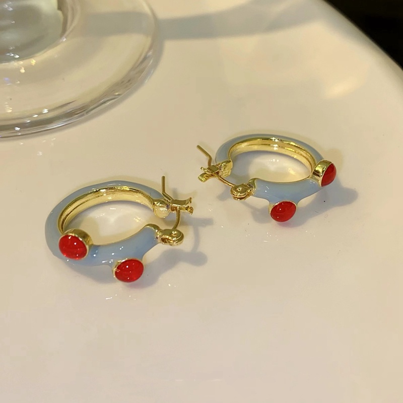 Fashion Retro Kabut Biru Drip Minyak Anting Bulat Untuk Wanita Mewah Merah Kristal Anting Hoop Perempuan Pesta Pernikahan Perhiasan Hadiah