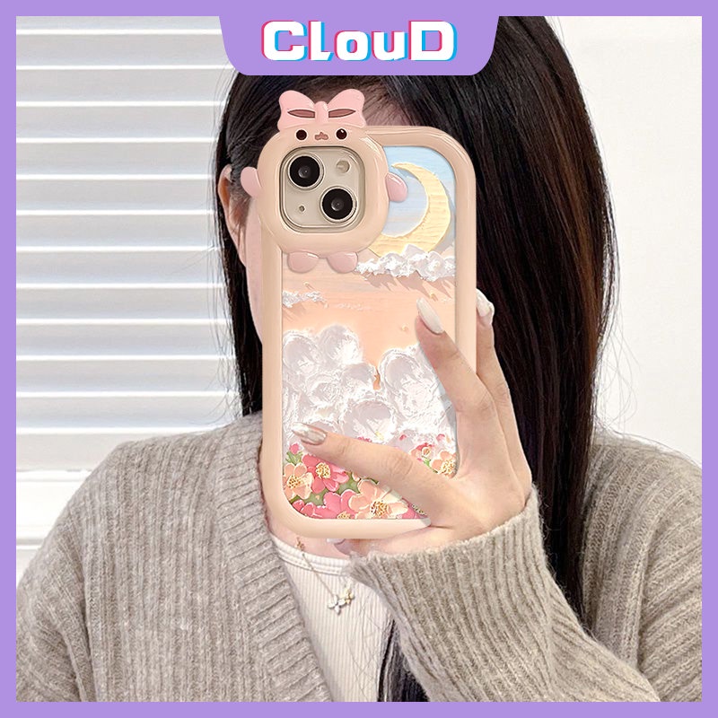 IPHONE Dicat Lukisan Minyak Bunga Bulan Telepon Case Kompatibel Untuk Iphone11 13 14 12 Pro Max 7Plus X XR XS Max 6s 14 8 7 6 Plus SE 2020 Lucu 3D Ikatan Simpul Kecil Lensa Monster Lembut Cover Tpu