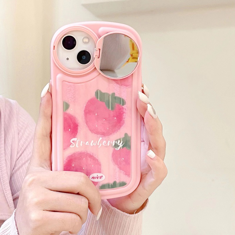 Rotatable Mirror Pink Big Strawberry Girl Woman Soft Silicon Case HP iP iPhone 12 13 14 Pro Max 11 FTD Casing Apple