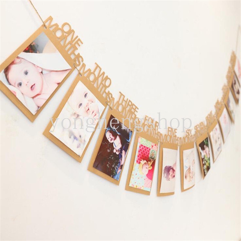 Baby's 1st Birthday Party Hiasan Dinding 12bulan Bingkai Foto Bunting Garland DIY Foto Banner Tarik Bendera Baby Shower Perlengkapan Dekorasi