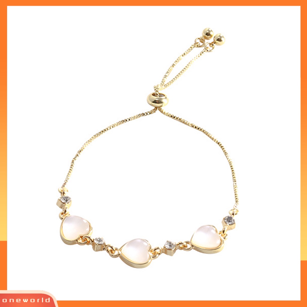 [ONE] Wanita Gelang Shiny Faux Cat Eye Stone Adjustable Golden Elegan Tiga Cinta Hati Pesona Wanita Bangle Fashion Perhiasan