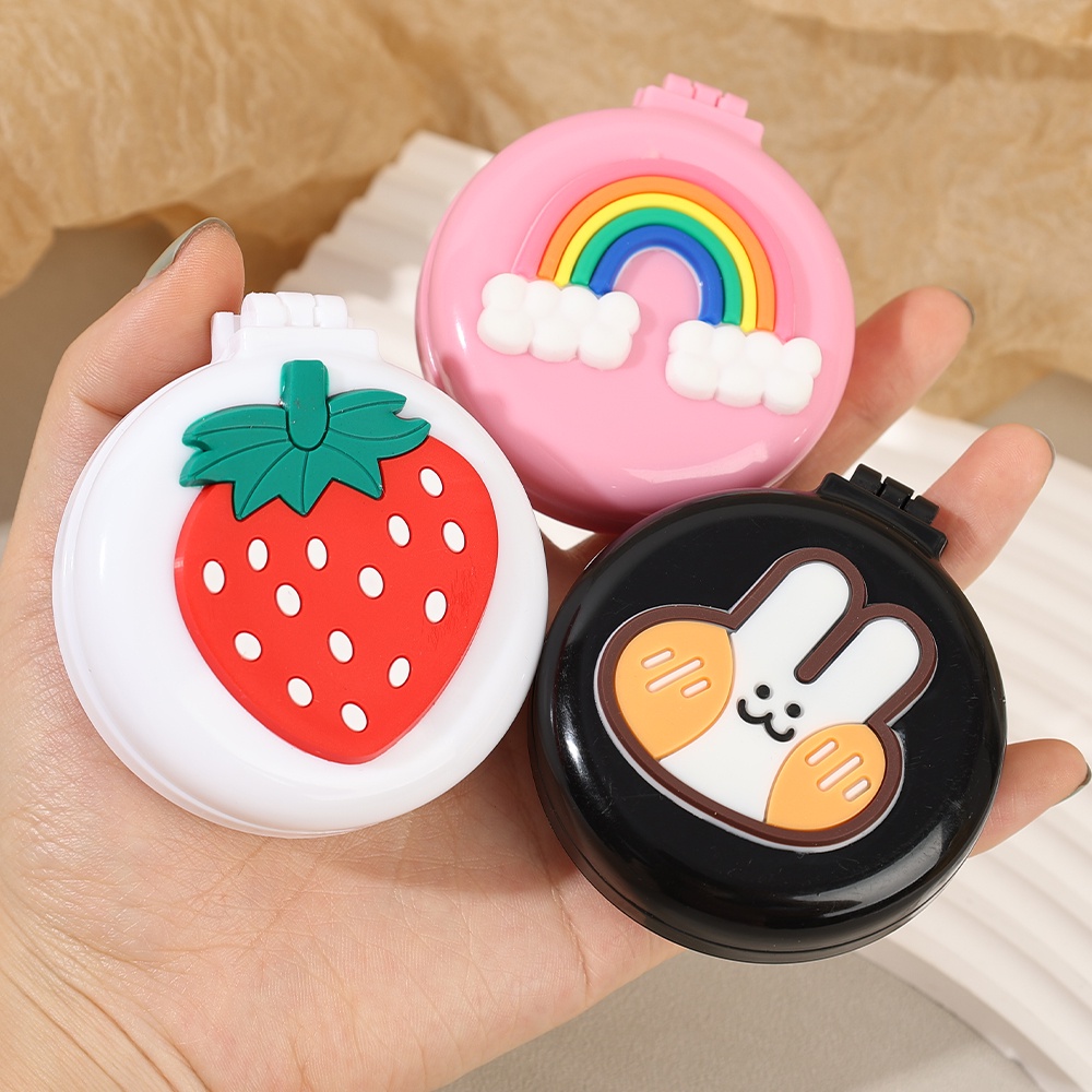 Sisir Lipat Strawberry Kartun Lucu/Cermin Rias Cewek Sisir Bantal Udara Mini Portable