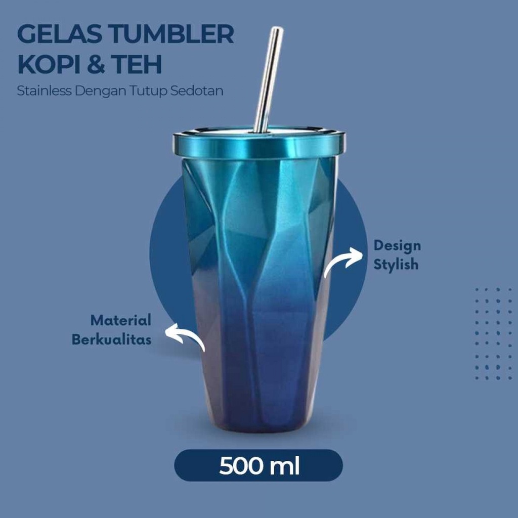Gelas Tumbler Stainless Unik 500ml Kopi Teh Dengan Tutup Sedotan