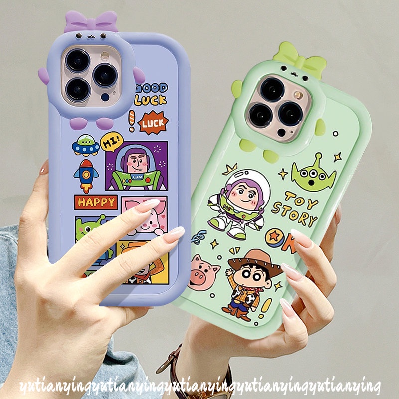 Cute Buzz Lightyear 3D Ikatan Simpul Little Monster Lens Soft Tpu Case Kompatibel Untuk iPhone 7Plus 6s 8 14 6 Plus 11 13 12 14 Pro Max XR XS X Max SE 2020 Mainan Kartun Penutup Stroy