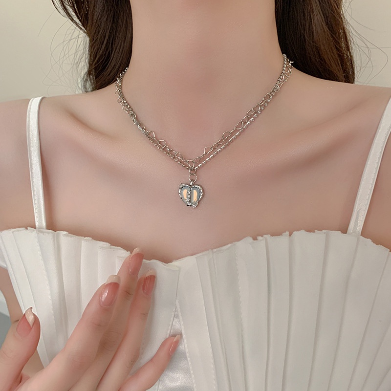 Roselife Keren Manis Glossy Moonstone Belah Kiri Kanan Cinta Hati Liontin Kalung Untuk Wanita Gadis Chic Zirkon Manik-Manik Tulang Selangka Rantai Kalung Perhiasan Hadiah