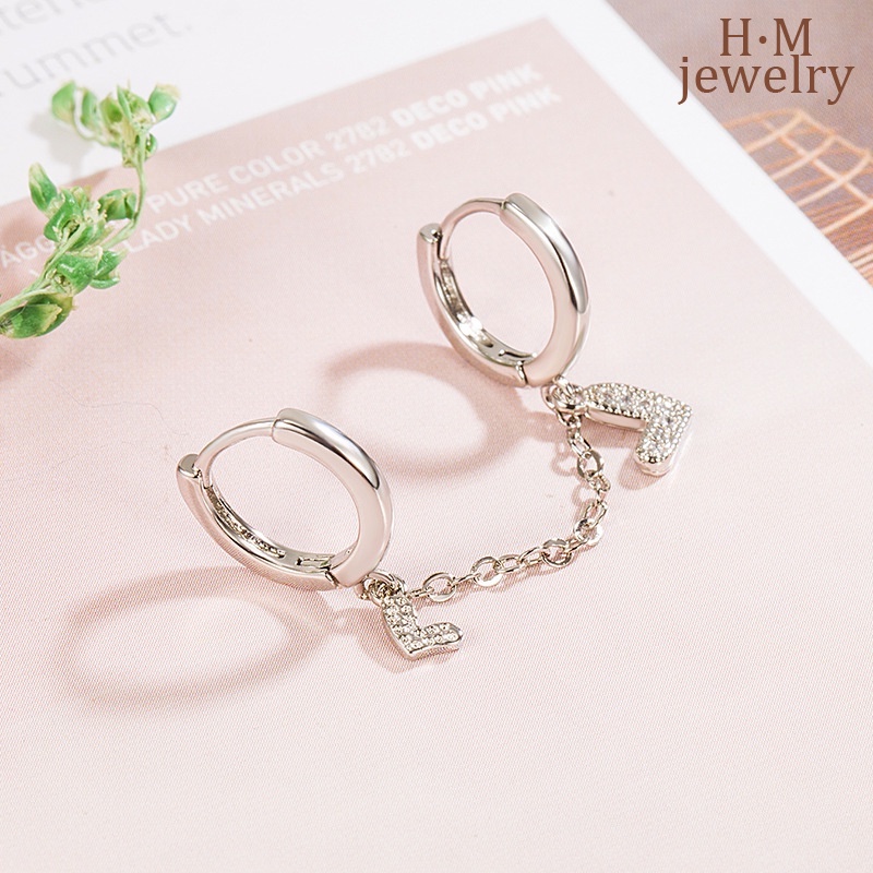 S925 Perak Baru Berlian Imitasi Ganda Tindik Telinga Rumbai XINGX Cinta Anting Hati