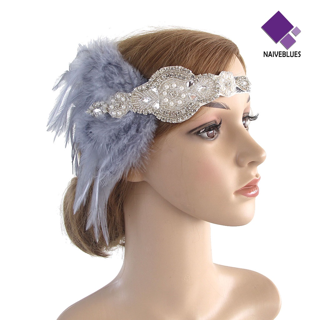 &lt; Naiveblues &gt; Wanita Flapper Bando Mutiara Imitasi Bulu Jumbai Vintage Pengantin Flapper Prom Pesta Aksesoris Rambut