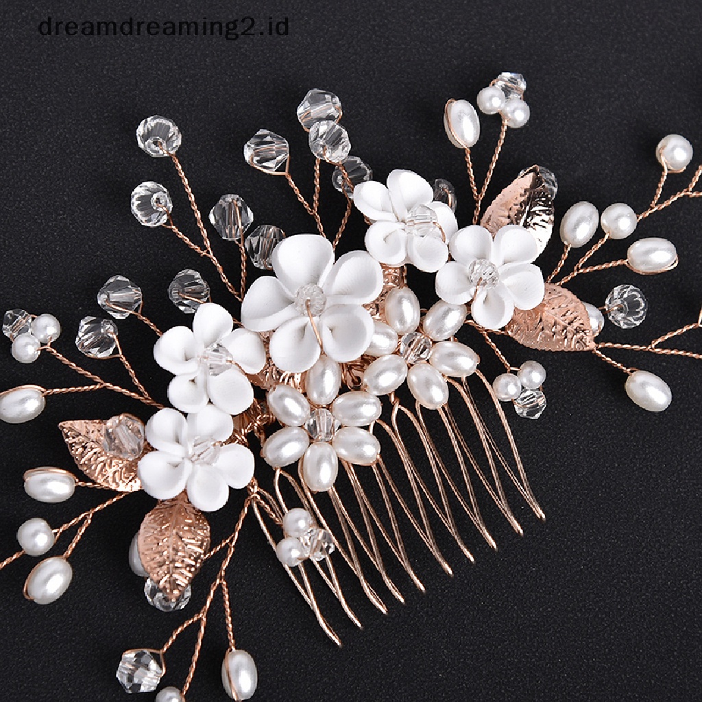 (dream) Bridal Kristal Sisir Rambut Headpiece Perhiasan Mutiara Bunga Handmade Jepit Rambut Klip Aksesoris Rambut Pernikahan Untuk Wanita Perempuan//