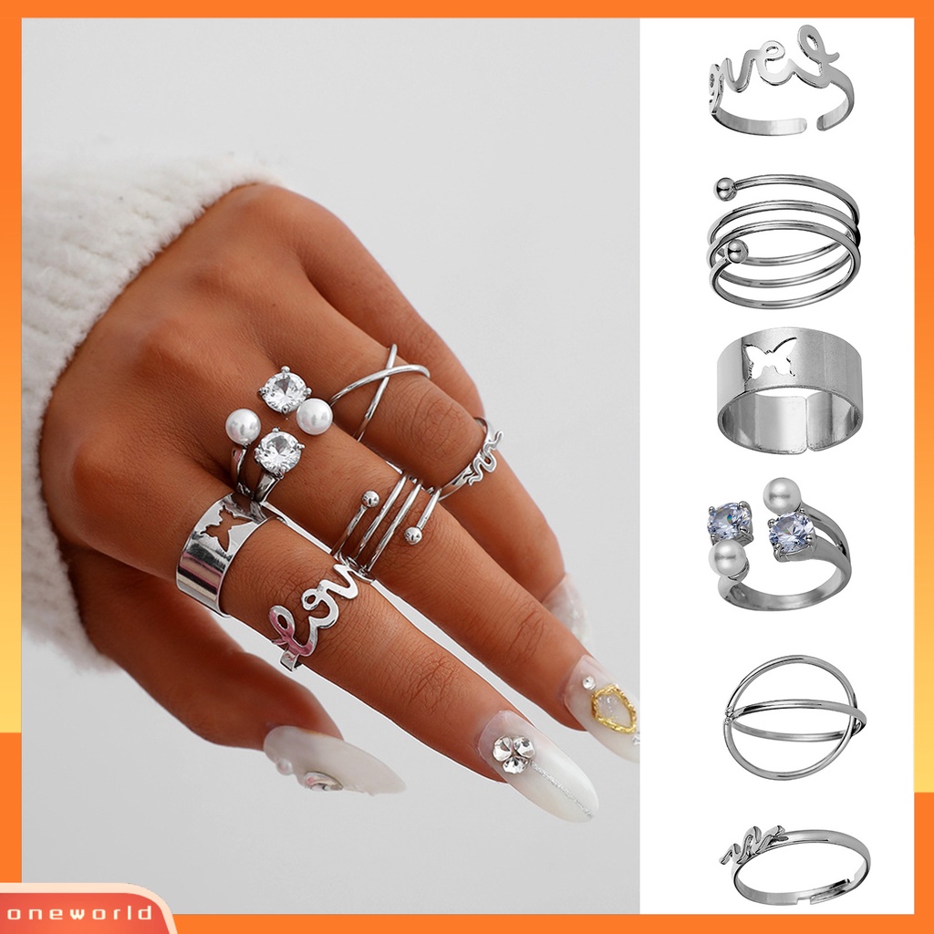 [EONE] 6 Pcs Jari Cincin Huruf Kupu-Kupu Mutiara Imitasi Pria Wanita Pembukaan Adjustable Ins Style Rings Fashion Jewelry