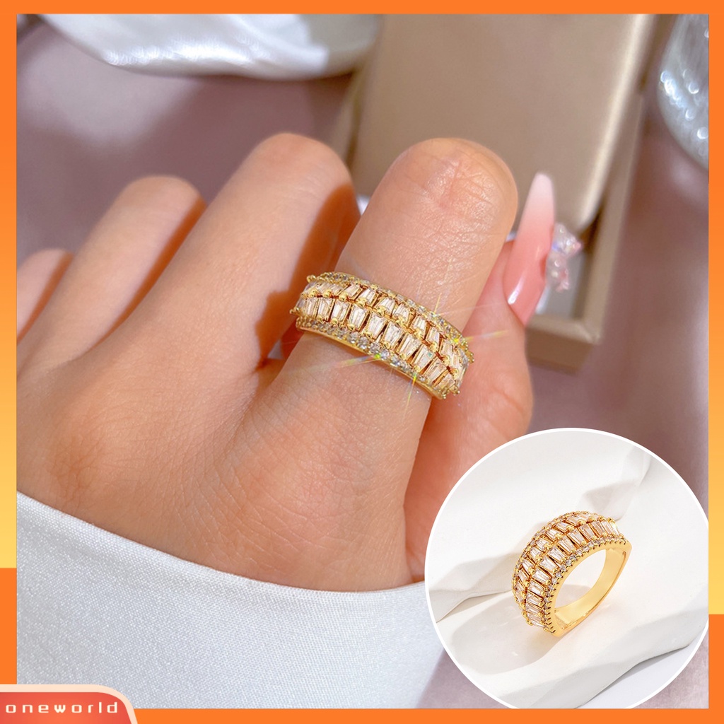 [EONE] Jari Cincin Cubic Zirconia Pembukaan Yang Dapat Disesuaikan Temperamen Hias Berdandan Geometris Mewah Baris Ganda Cincin Perhiasan Aksesori