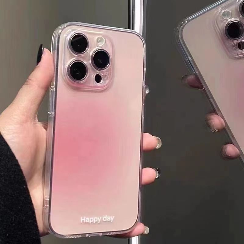 IPHONE Happy Day Gradient Pink Phone Case Untuk Iphone14 13 12 11 Pro Max 14Plus X XR XS Shockproof Transparan Lembut TPU Silicone Cover