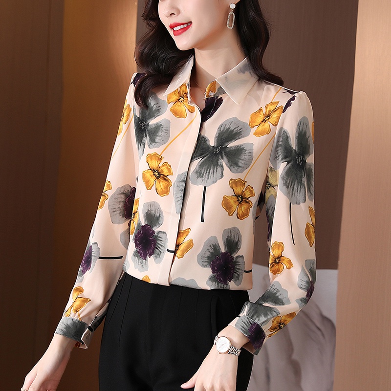 Kualitas Tinggi Fashion Korea Retro Kemeja Wanita Lengan Panjang Sifon Motif Bunga Atasan Kerja Santai