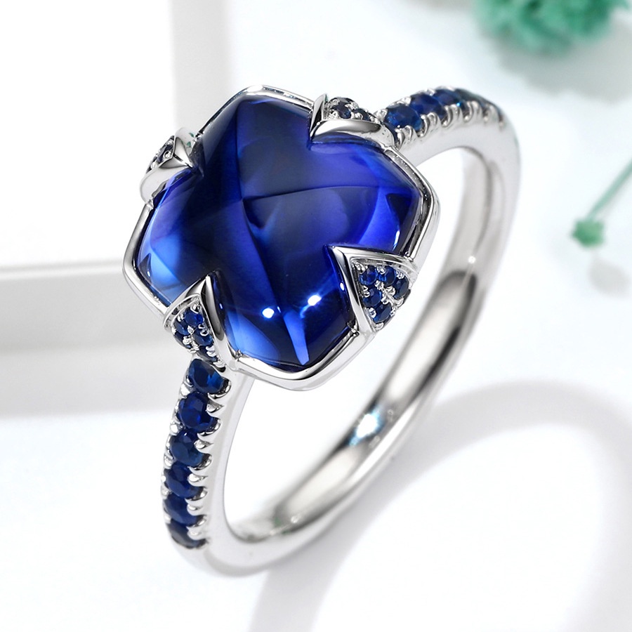 Goldkingdom Aksesoris Perhiasan Fashion Ready Stock Romantis Bertatahkan 5A Royal Blue Tandem Safir Cincin Dengan Bintang Terang Dan Langit Hijau Cincin Perempuan