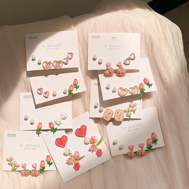 3pasang/set Set Anting Tusuk Fashion Alloy Hati Bunga Untuk Wanita