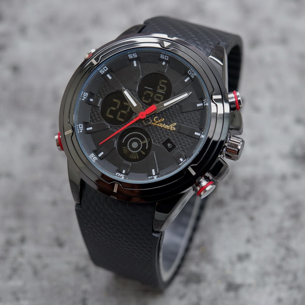 Lasebo LSB-8050 Jam Tangan Pria Rubber Water Resist Dual Time Hitam Putih, Biru, Gold, Merah