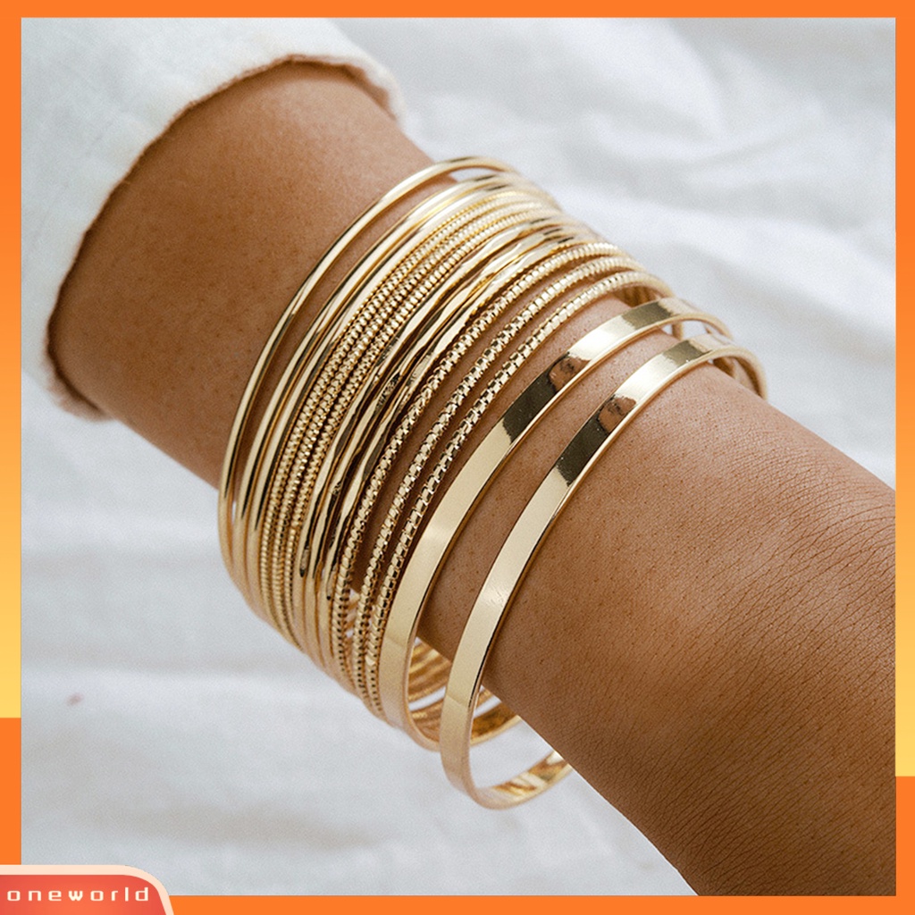 [EONE] 14pcs/set Wanita Gelang Punk Bohemian Berlebihan Halus Lebar Hias Warna Emas Ladies Cuff Bangles Pesona Perhiasan Pakaian Sehari-Hari