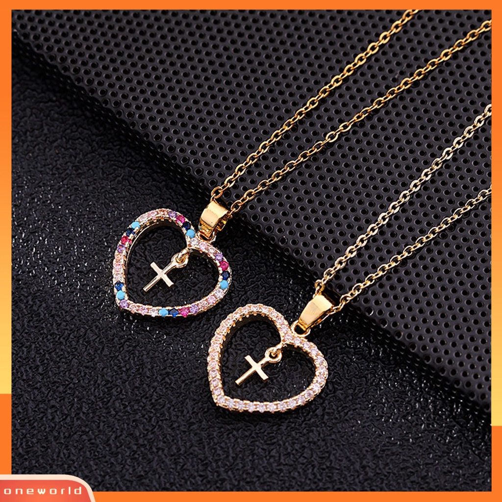 [EONE] Wanita Kalung Elegan Hadiah Anniversary Warna-Warni Berlian Imitasi Fashion Geometris Cinta Hati Salib Klavikula Rantai Kalung Untuk Pacaran